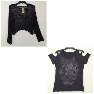 Harley‎ Davidson Skull Cold Shoulder Top & Black Crochet Crop Sweater Lot Size M